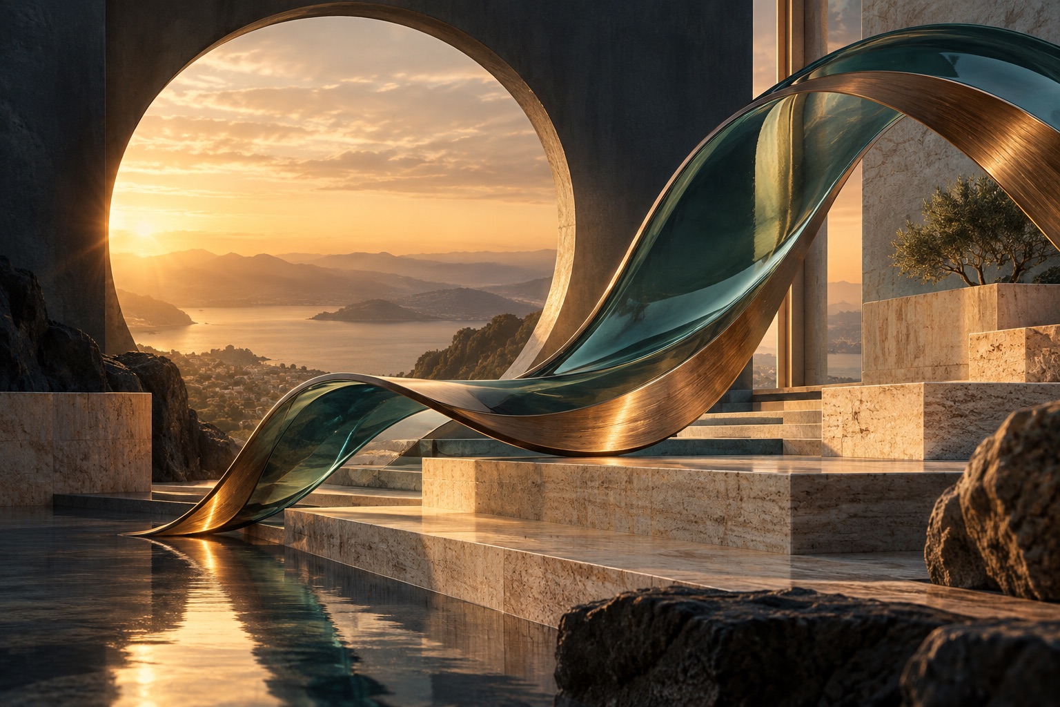 Sculptural teal glass and copper forms illuminated by a warm horizon